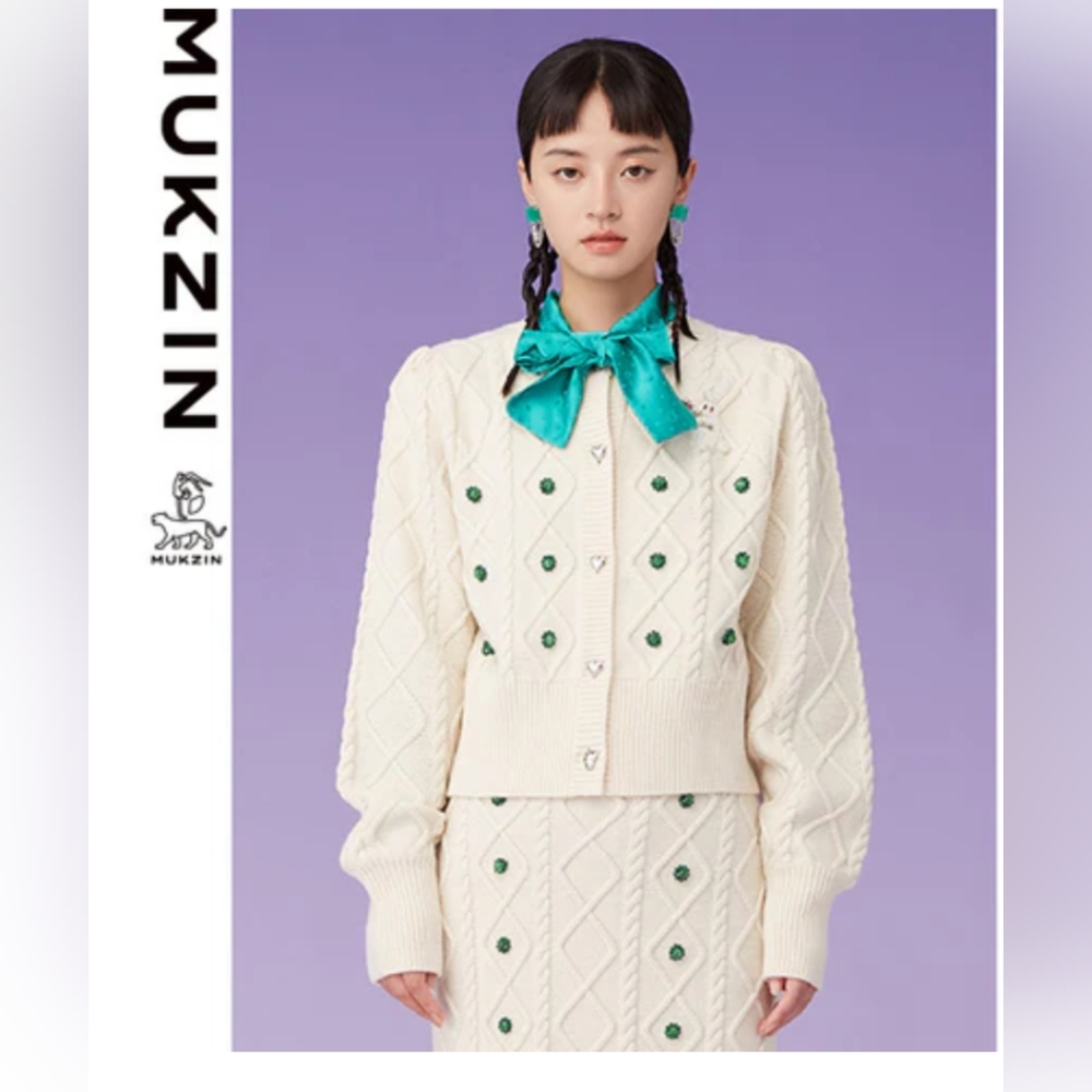 MUKZIN Wool Korean Unique Bunny Bejeweled Knitted Beige Cardigan Sweater